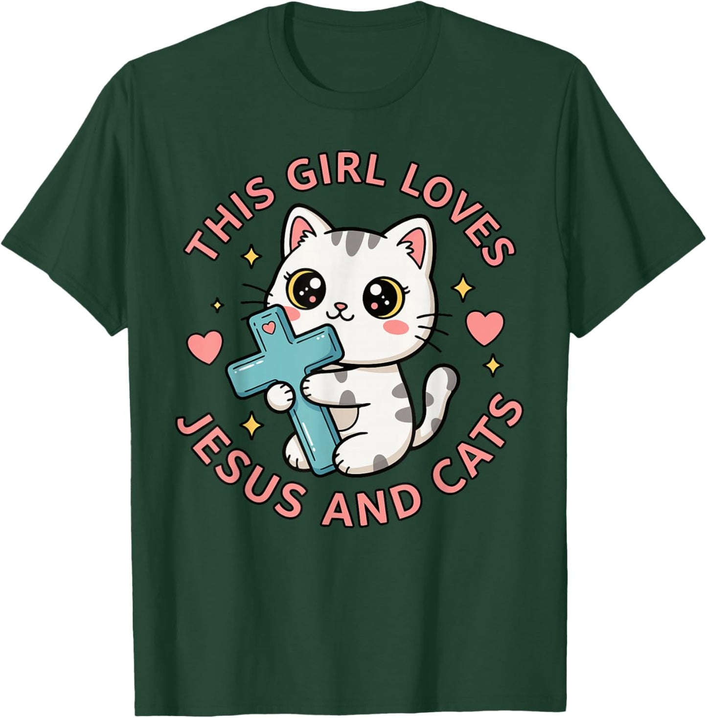 Christian This Girl Loves Jesus and Cats Cat Hugging Cross T-Shirt - T-Shirt | Forest