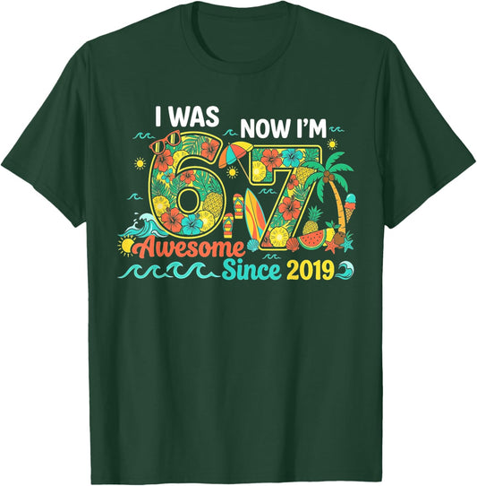 I was 6 Now I'm 7 Summer 7th Birthday Tropical Party Hawaii T-Shirt - T-Shirt | Forest