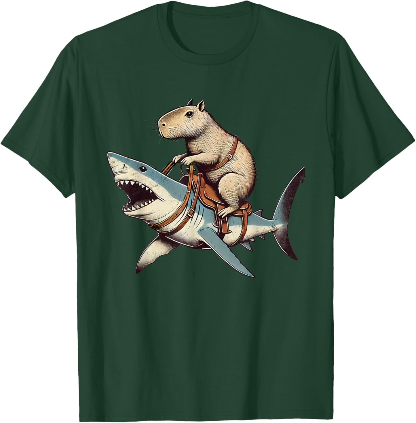 Vintage Rodent Capybara Funny Retro Capyabara Riding Shark T-Shirt - T-Shirt | Forest