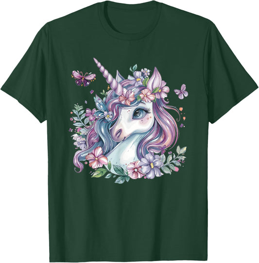 Cute Unicorn With Flowers I Kids Unicorn T-Shirt - T-Shirt | Forest