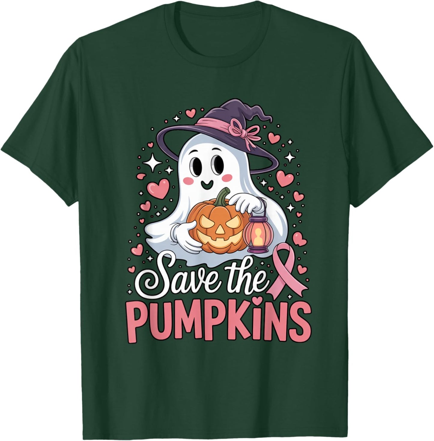 Save The Pumpkins Pink Ribbon Halloween Ghost Breast Cancer T-Shirt - T-Shirt | Forest