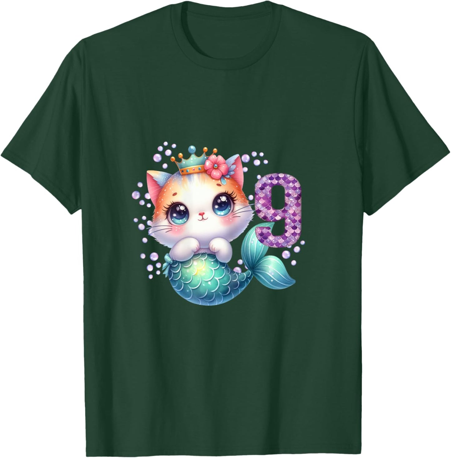 Cat Mermaid 9th Birthday 9 Year Old Party Girls Outfit T-Shirt - T-Shirt | Forest