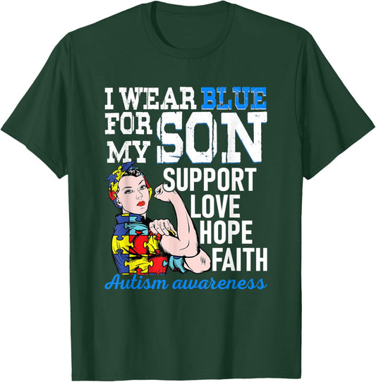 Autism Awareness I Wear Blue for my son autism mom Hero T-Shirt - T-Shirt | Forest