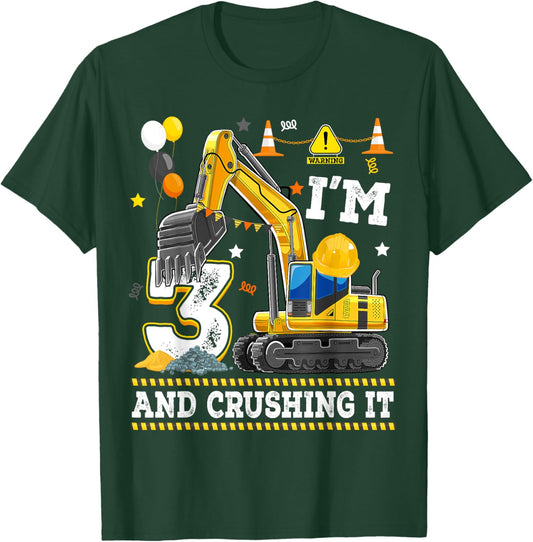 Excavator 3 Yr Old Crushing It 3rd Birthday Digger Builder T-Shirt - T-Shirt | Forest