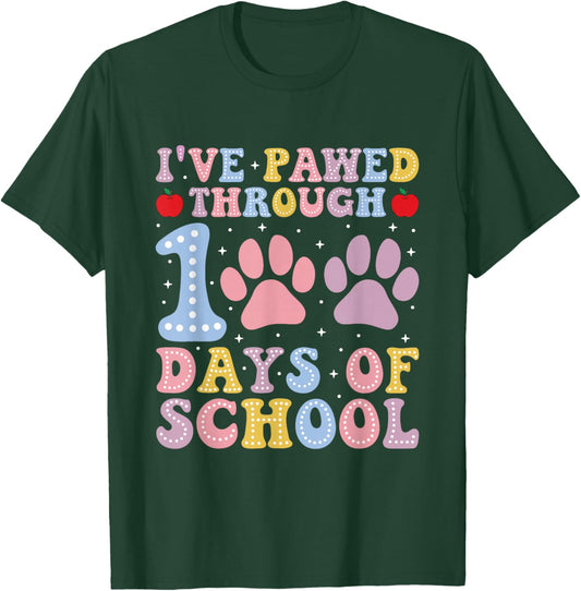 Funny 100 Days Of School Dogs Cats Paw Print Teacher Kids T-Shirt - T-Shirt | Forest