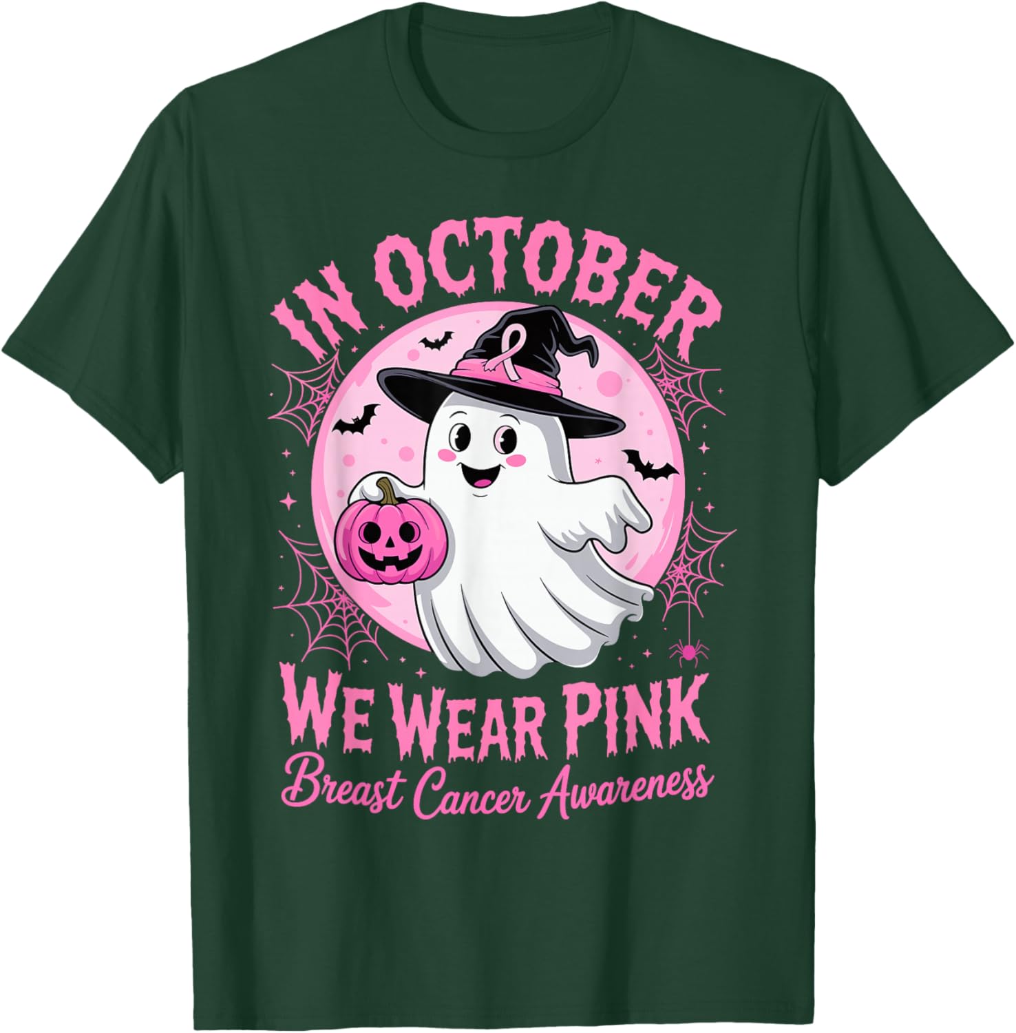 in October We Wear Pink Ghost Pumpkin Breast Cancer Survivor T-Shirt - T-Shirt | Forest