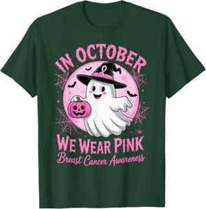 in October We Wear Pink Ghost Pumpkin Breast Cancer Survivor T-Shirt - T-Shirt | Forest