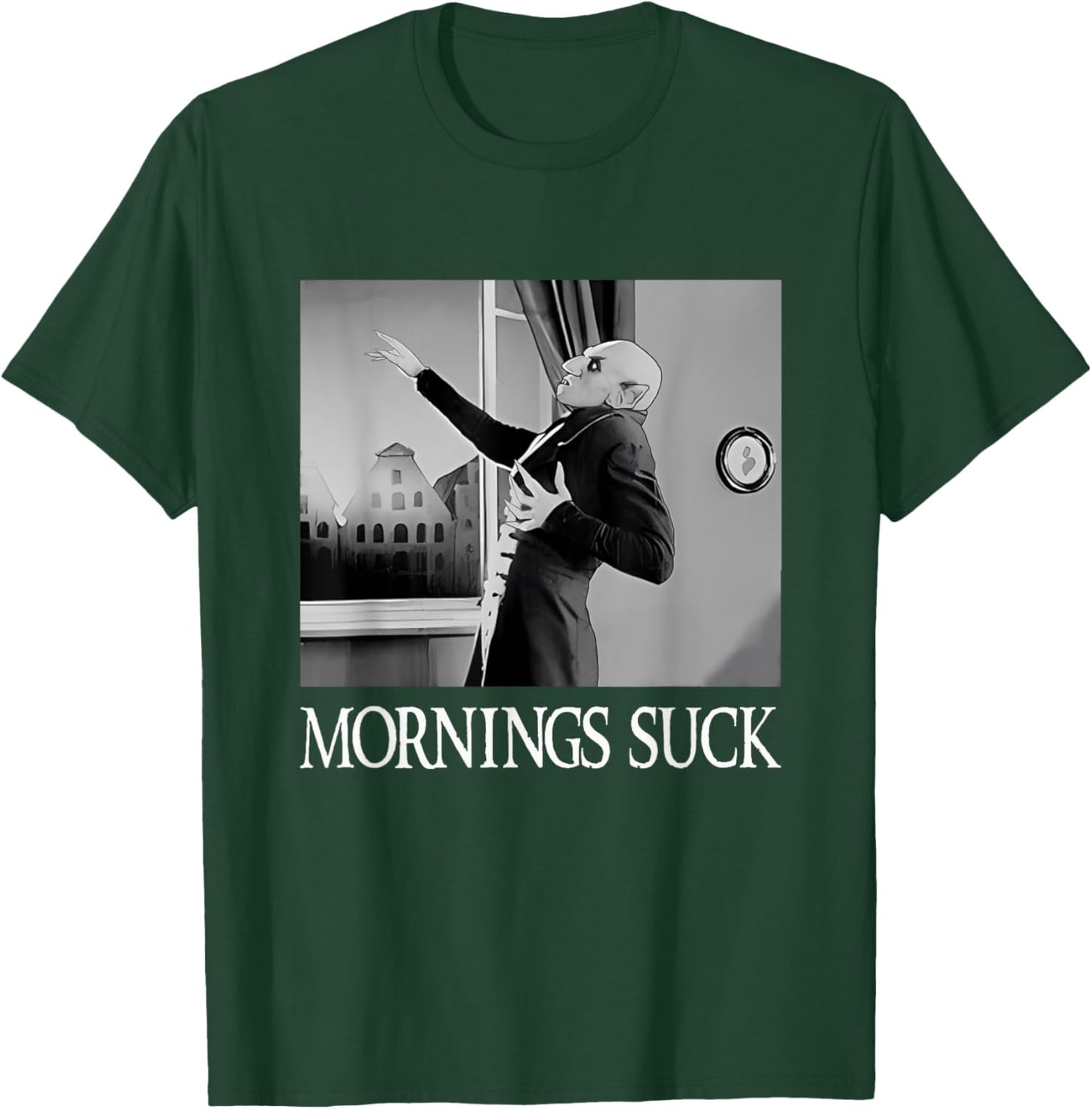 Mornings Suck Funny Halloween Vampire Pun Graphic T-Shirt - T-Shirt | Forest