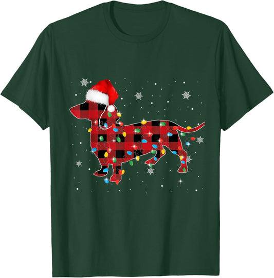 Red Plaid Santa Hat Dachshund Christmas Dog Lover Pajamas T-Shirt - T-Shirt | Forest