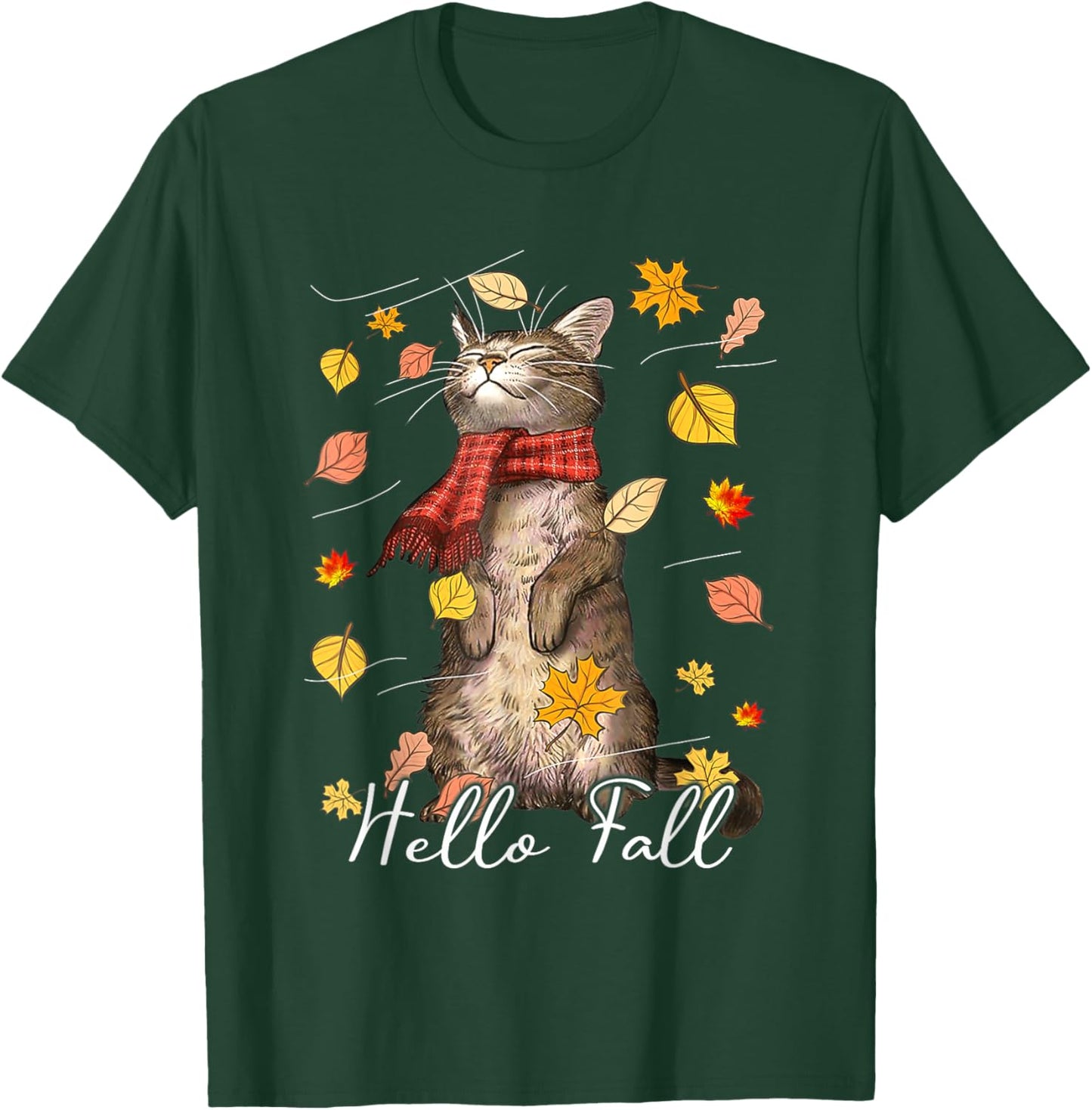 Hello Fall Cat Shirt Cat Autumn Leaves Kitten Lover Men Women Kids T-Shirt - T-Shirt | Forest