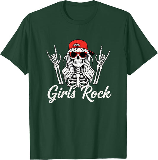 Girls Rock Skeleton Skull Punk Halloween Girls Rocker T-Shirt - T-Shirt | Forest