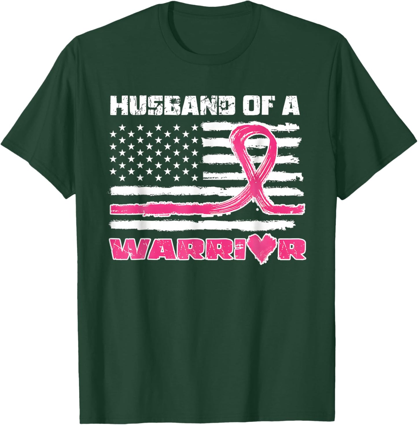 Pink Ribbon American Flag Husband Of A Warrior Breast Cancer T-Shirt - T-Shirt | Forest