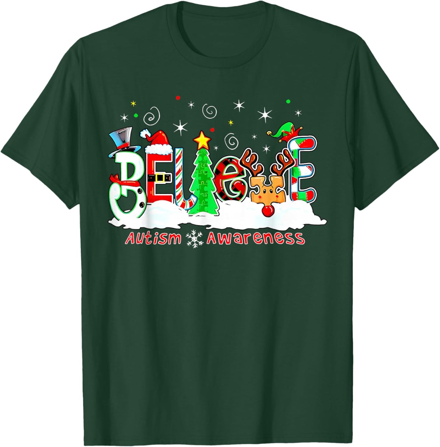 Believe Autism Awareness Christmas Tree Light Santa Reindeer T-Shirt - T-Shirt | Forest