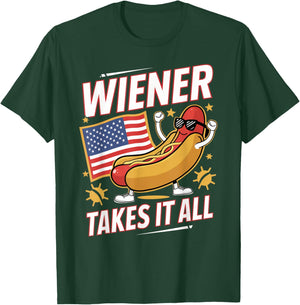 Wiener Takes It All Hot Dog USA Flag Fun T-Shirt - T-Shirt | Forest