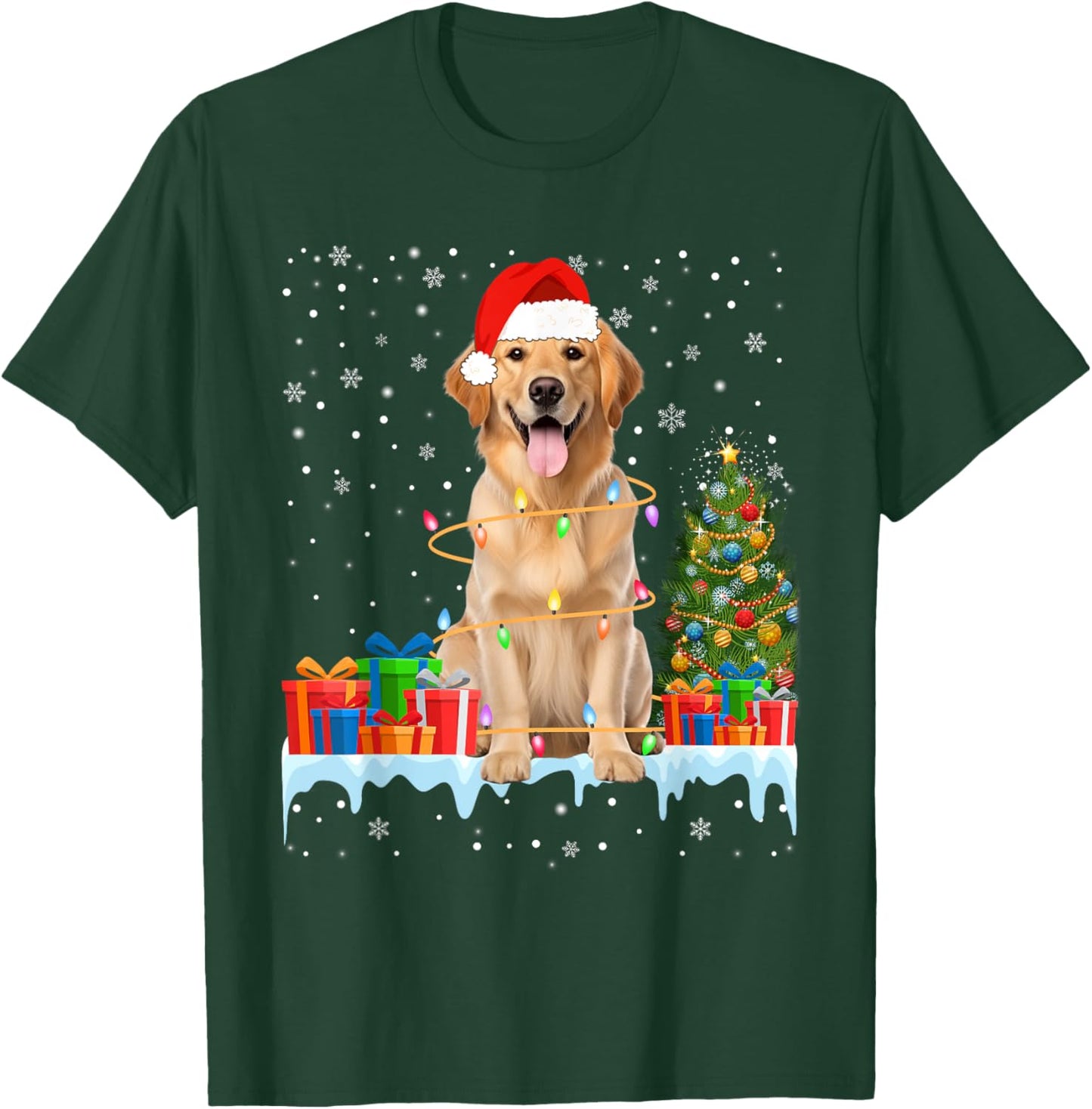 Santa Golden Retriever Dog Christmas Lights Xmas Pajamas Men Women Kids T-Shirt - T-Shirt | Forest