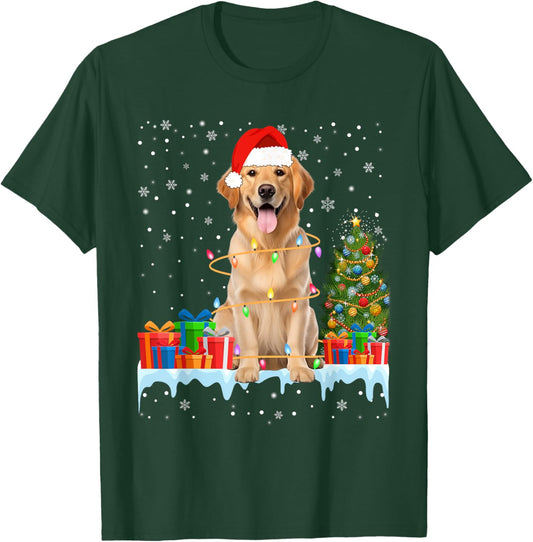 Santa Golden Retriever Dog Christmas Lights Xmas Pajamas Men Women Kids T-Shirt - T-Shirt | Forest