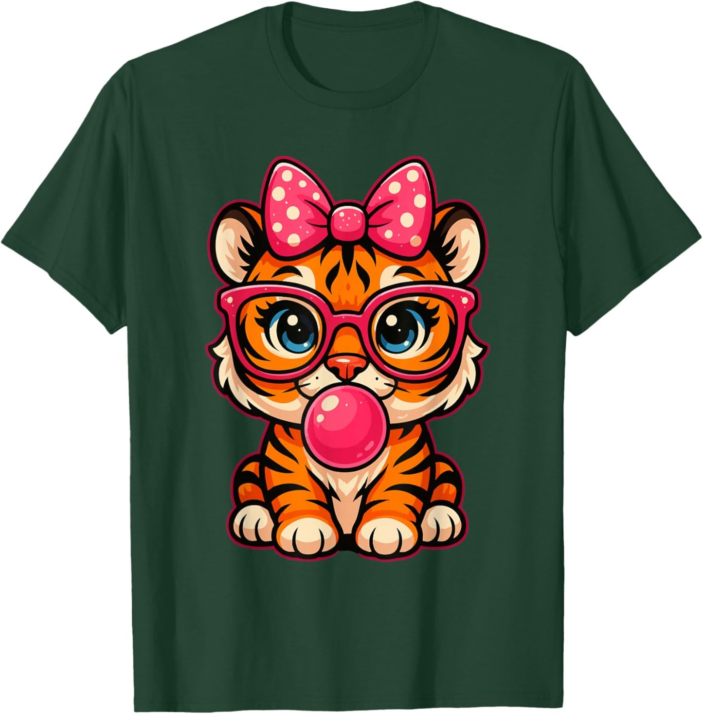 Funny Tiger Glasses Blowing Bubble Gum Bow Cute Tiger T-Shirt - T-Shirt | Forest