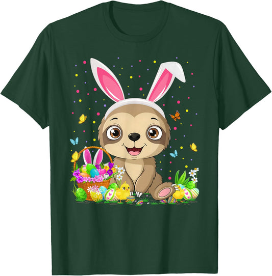 Cute Sloth Easter Egg Hunt Bunny Ear Sloth Happy Easter T-Shirt - T-Shirt | Forest