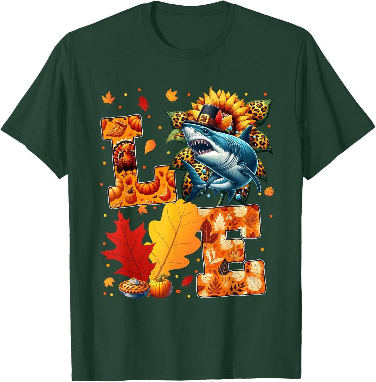 LOVE Thanksgiving Shark Fall Leaves Sunflower Sea Animals T-Shirt - T-Shirt | Forest