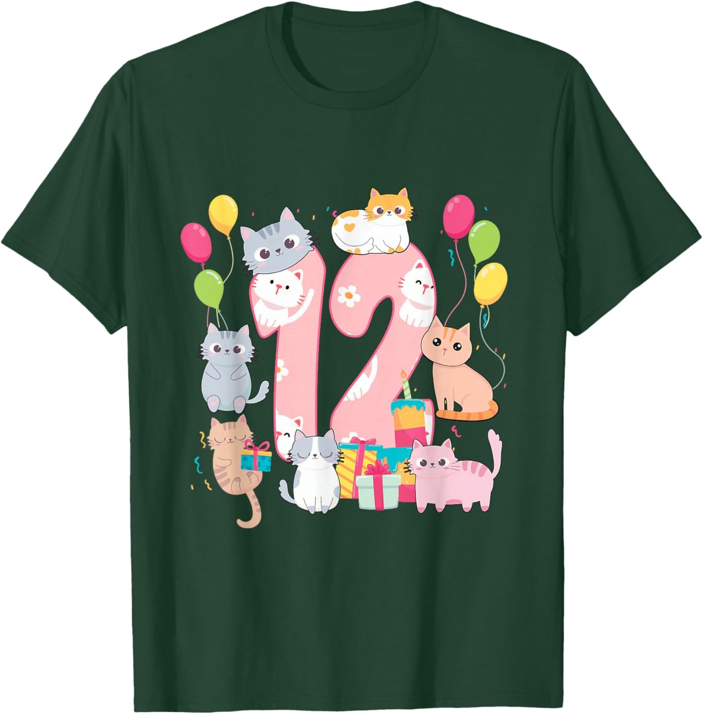 12 Years Old Cat Lover Birthday Party 12th Birthday Cat Them T-Shirt - T-Shirt | Forest