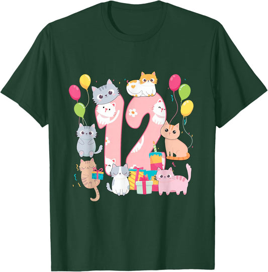 12 Years Old Cat Lover Birthday Party 12th Birthday Cat Them T-Shirt - T-Shirt | Forest