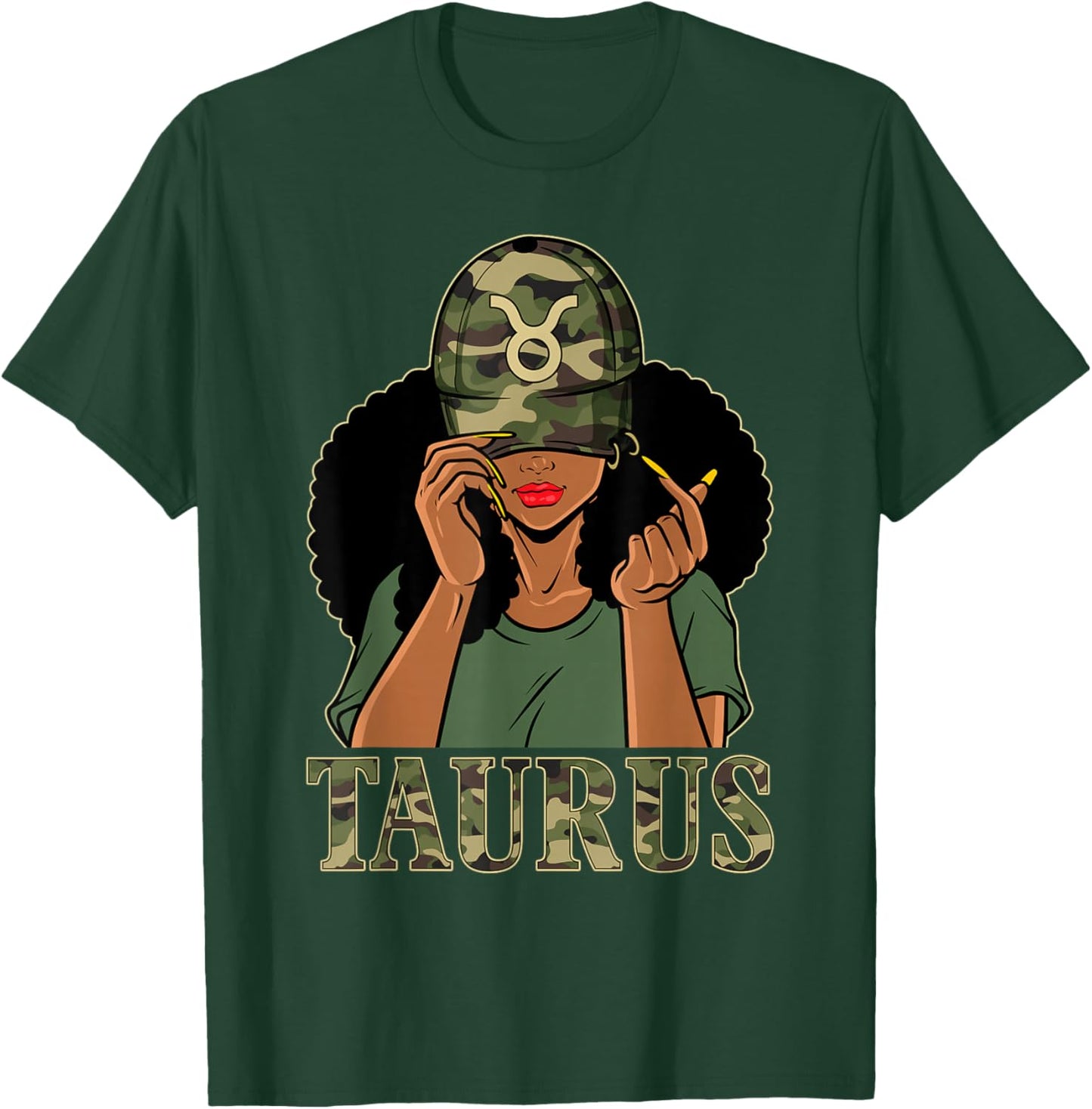 Taurus Girl Black Woman With Cap Camo Afro Woman Zodiac T-Shirt - T-Shirt | Forest