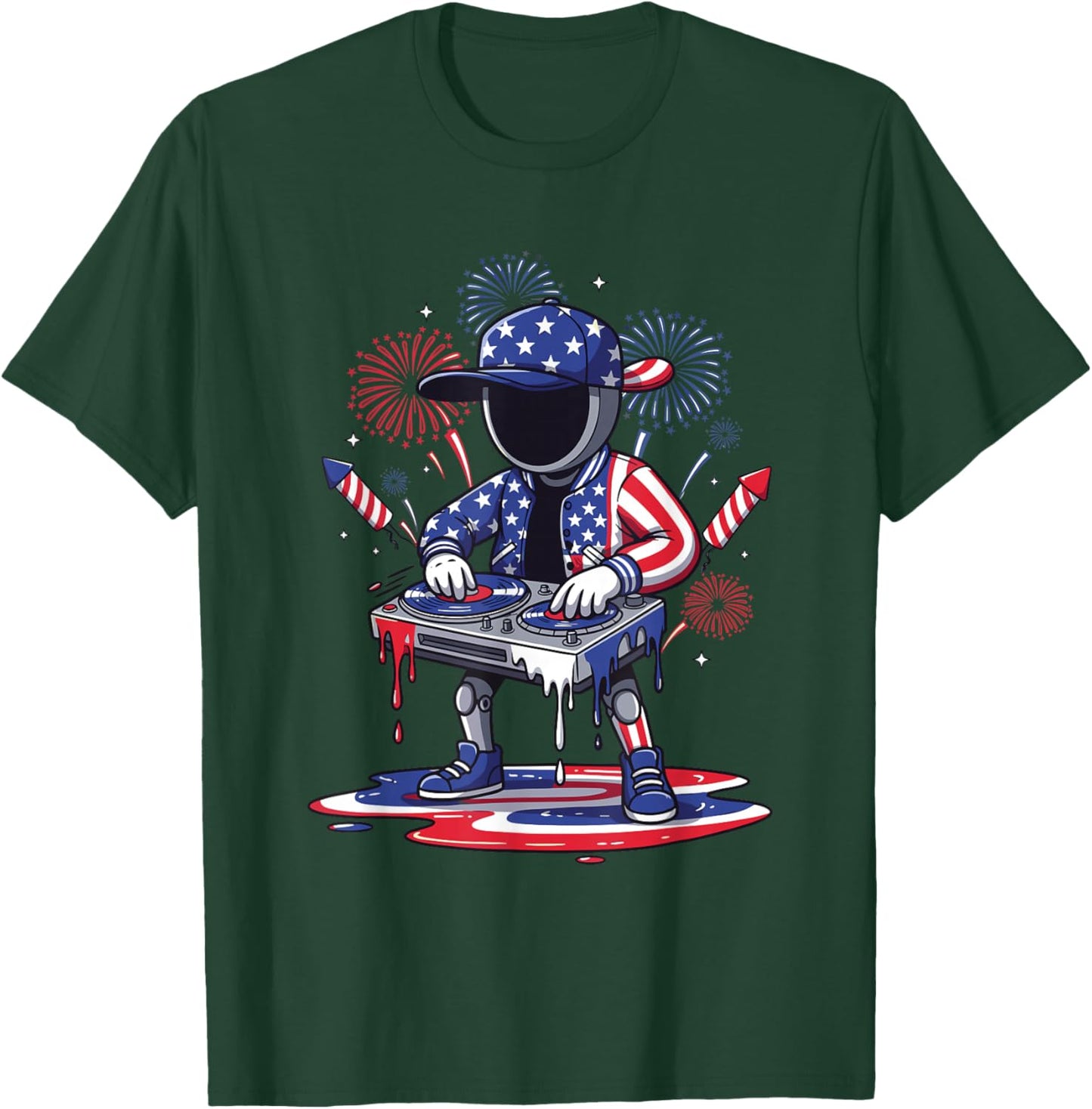 USA Flag DJ Robot Mixing Music for Independence Day Party T-Shirt - T-Shirt | Forest