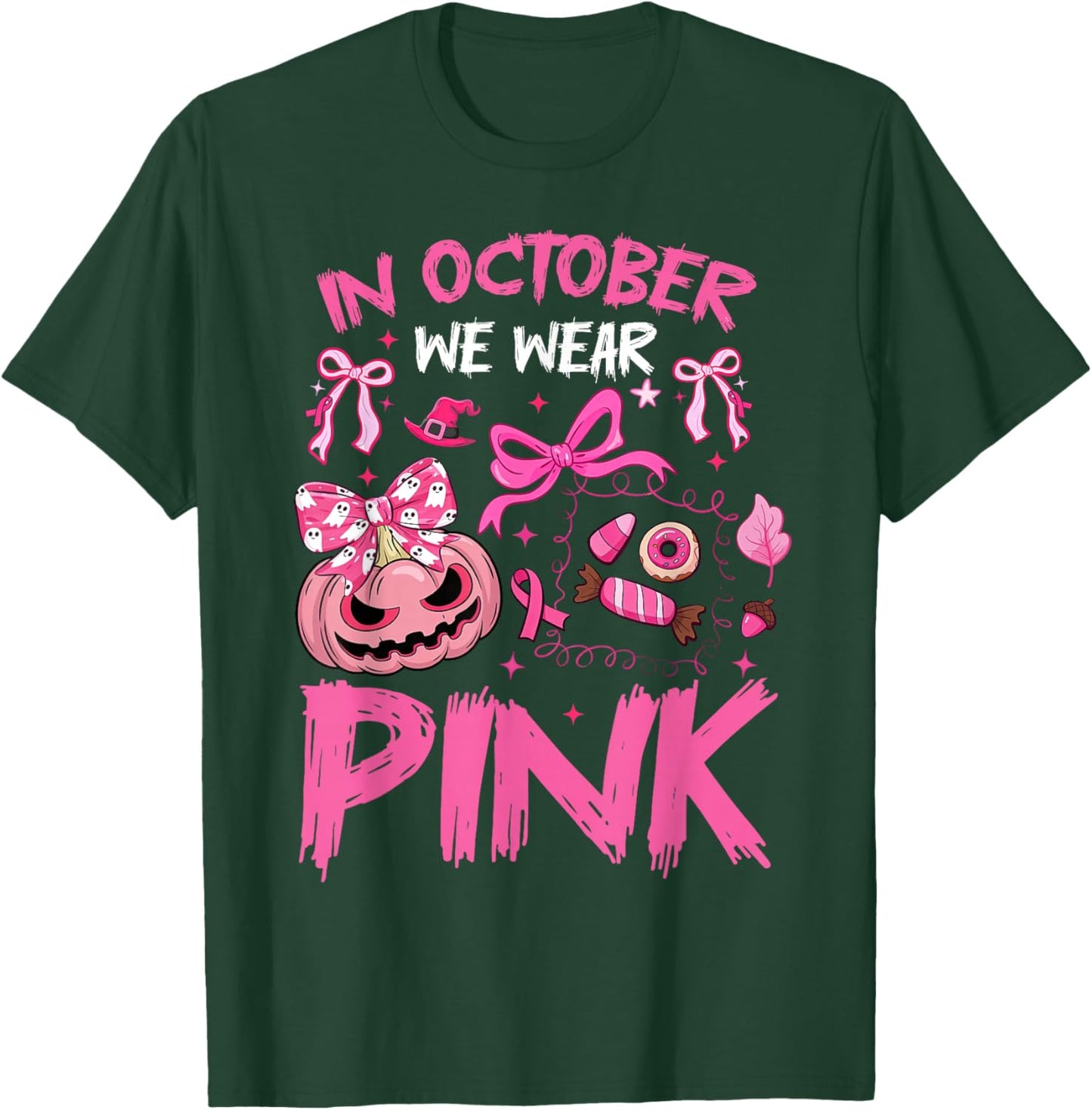 in October We Wear Pink Halloween Breast Cancer Awareness T-Shirt - T-Shirt | Forest