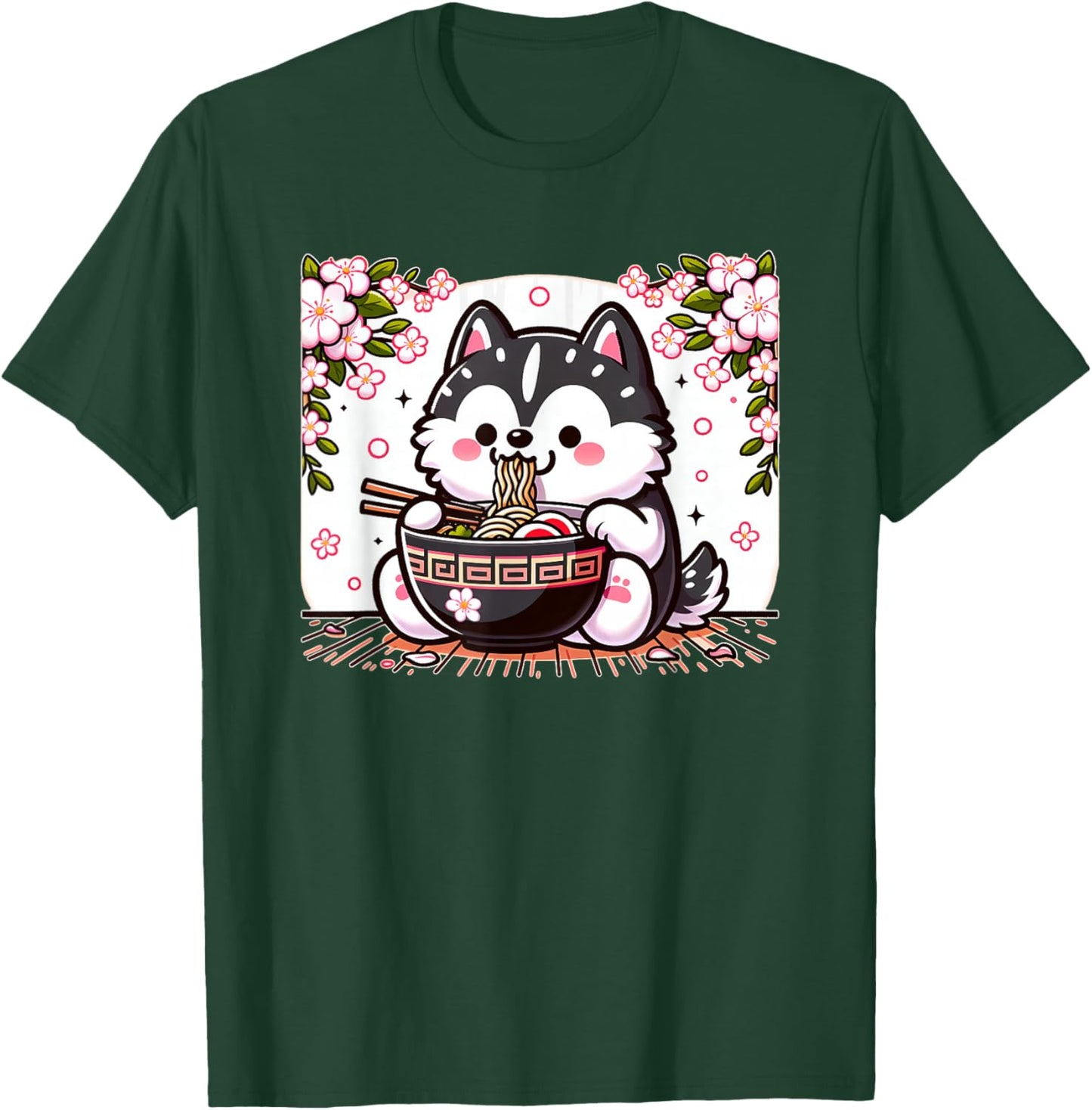 Kawaii Husky dog Eating Ramen T-Shirt - T-Shirt | Forest