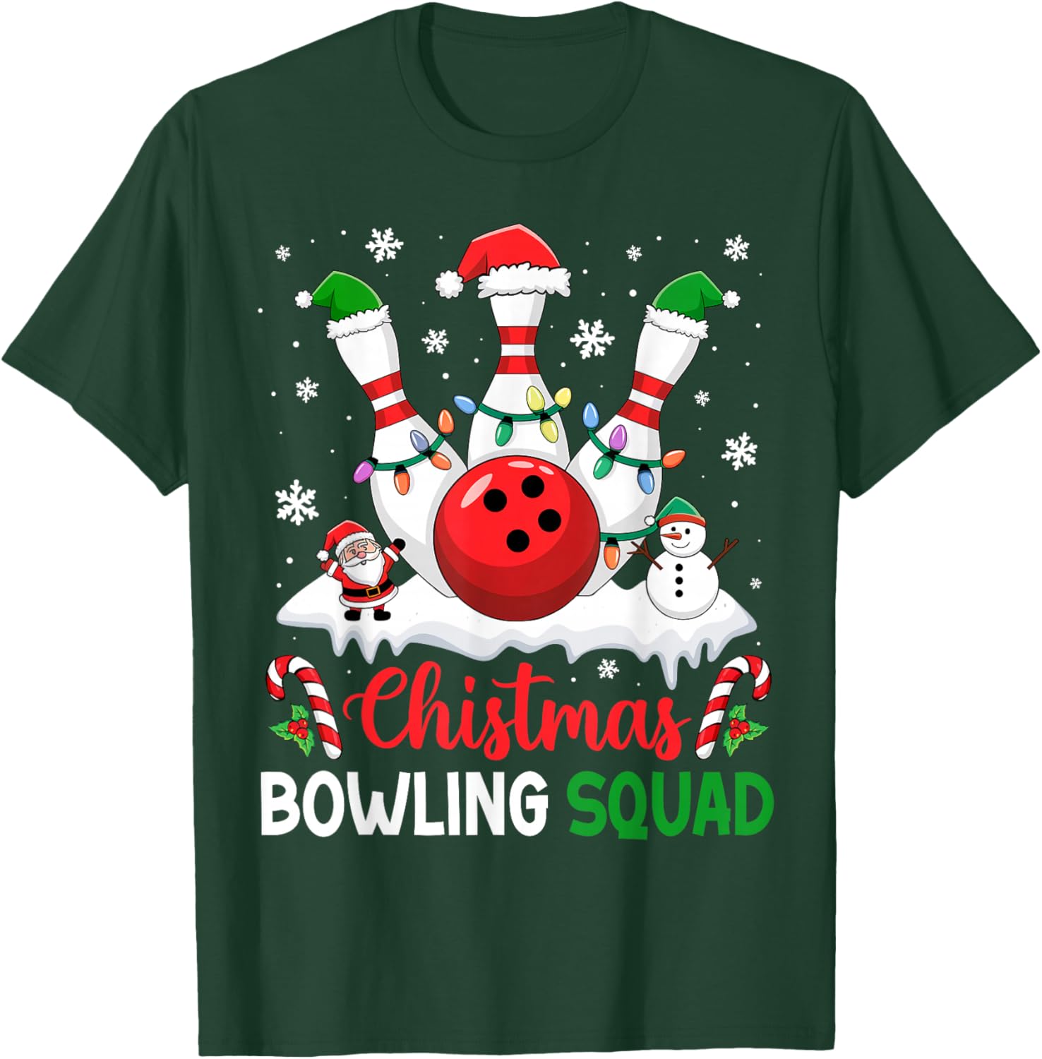 Christmas Bowling Squad Xmas Lights Santa Bowling Player T-Shirt - T-Shirt | Forest