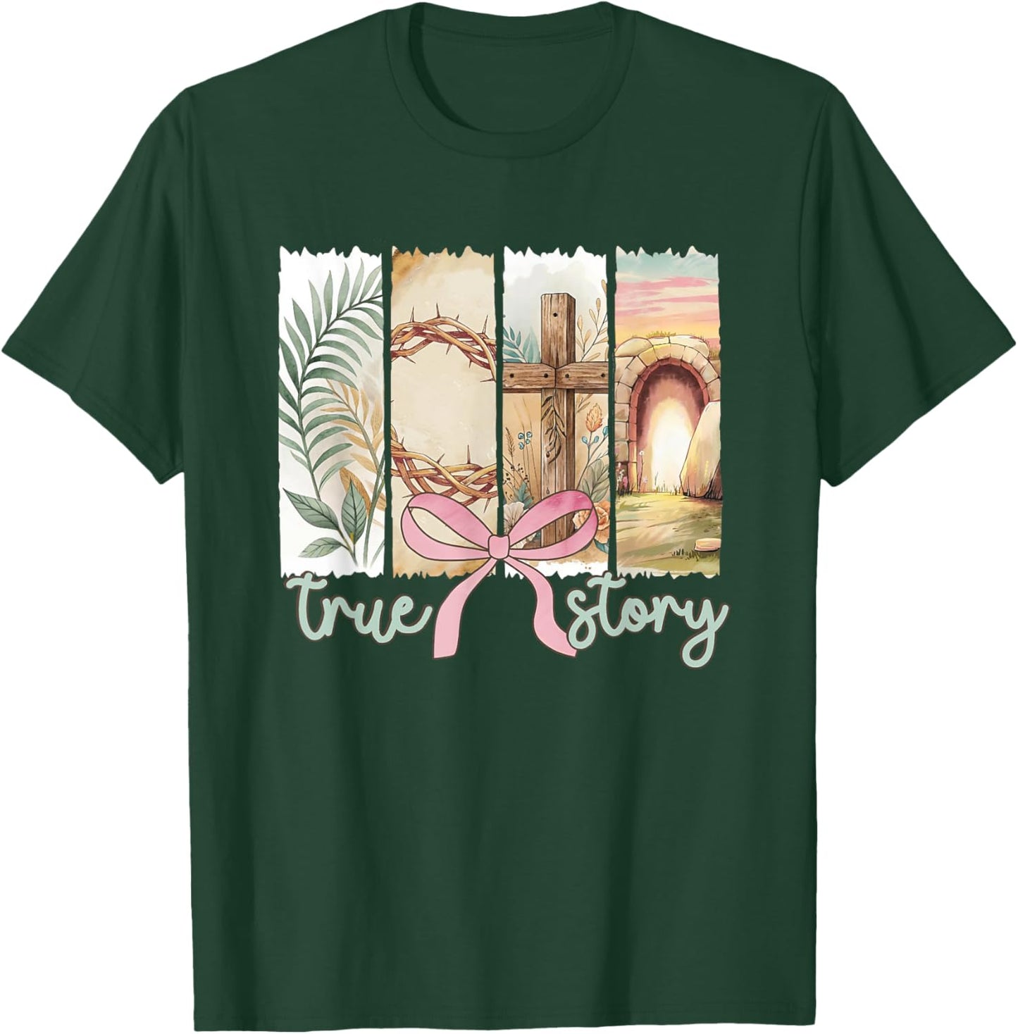 True Story He Is Risen Retro Christian Easter Coquette Bow T-Shirt - T-Shirt | Forest