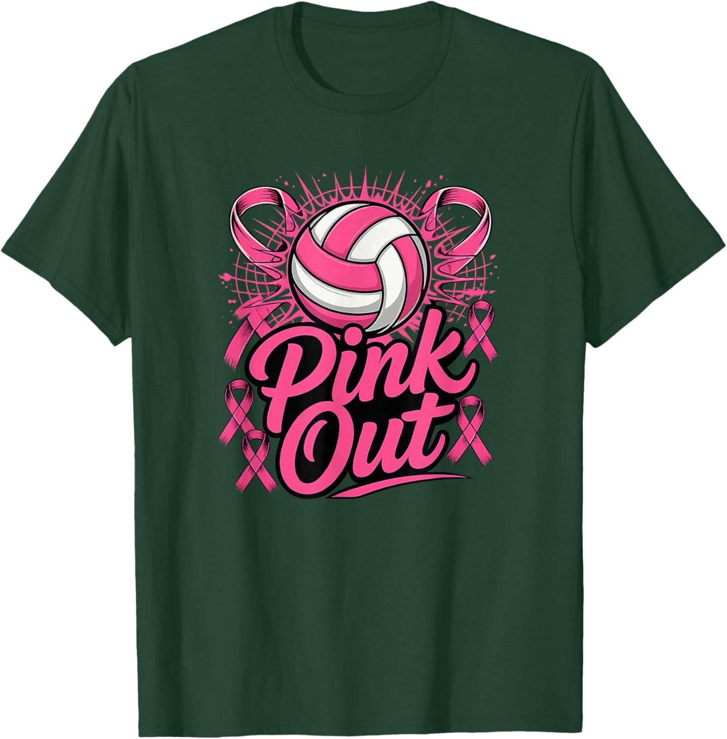 Volleyball Pink Out Breast Cancer Awareness Pink Ribbon T-Shirt - T-Shirt | Forest