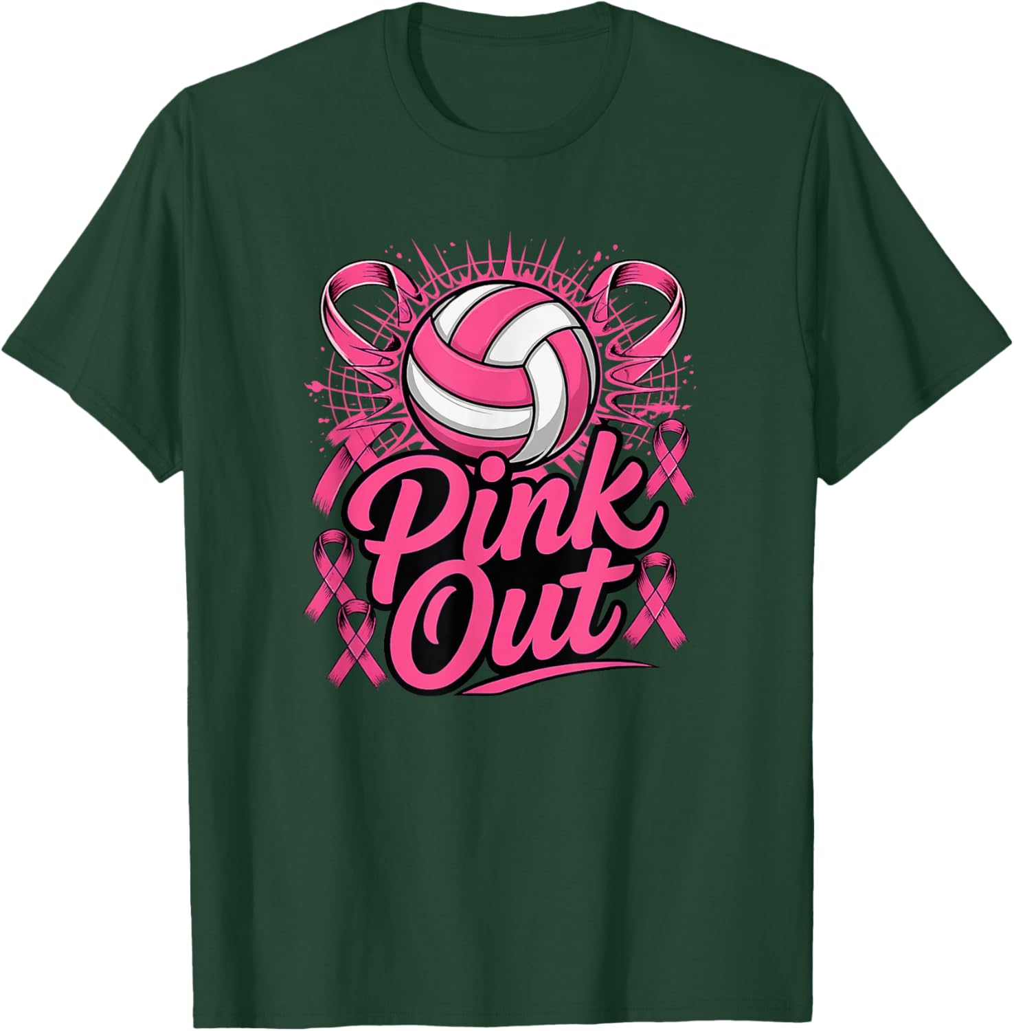 Volleyball Pink Out Breast Cancer Awareness Pink Ribbon T-Shirt - T-Shirt | Forest