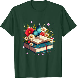 Book Flowers and Butterfly Beautiful Reading Reader T-Shirt - T-Shirt | Forest