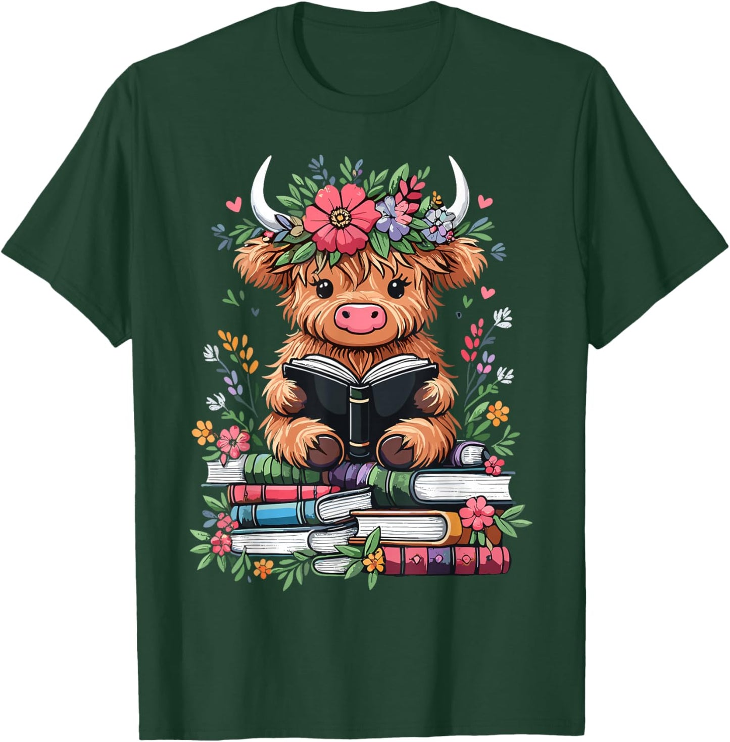 Bookworm Cute Baby Highland Cow Reading Book T-Shirt - T-Shirt | Forest