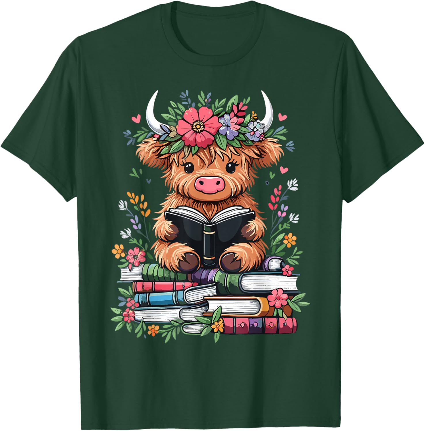 Bookworm Cute Baby Highland Cow Reading Book T-Shirt - T-Shirt | Forest
