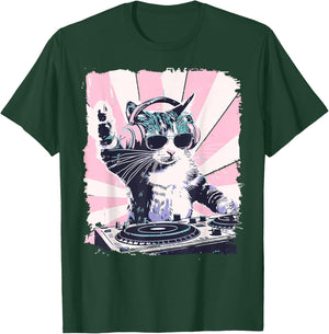 Funny DJ Cat with Headphones Retro Music Lover Art T-Shirt - T-Shirt | Forest