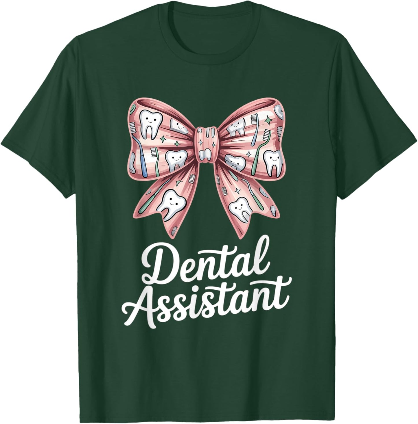 Cute Dental Assistant Bow with Toothbrush Pattern T-Shirt - T-Shirt | Forest