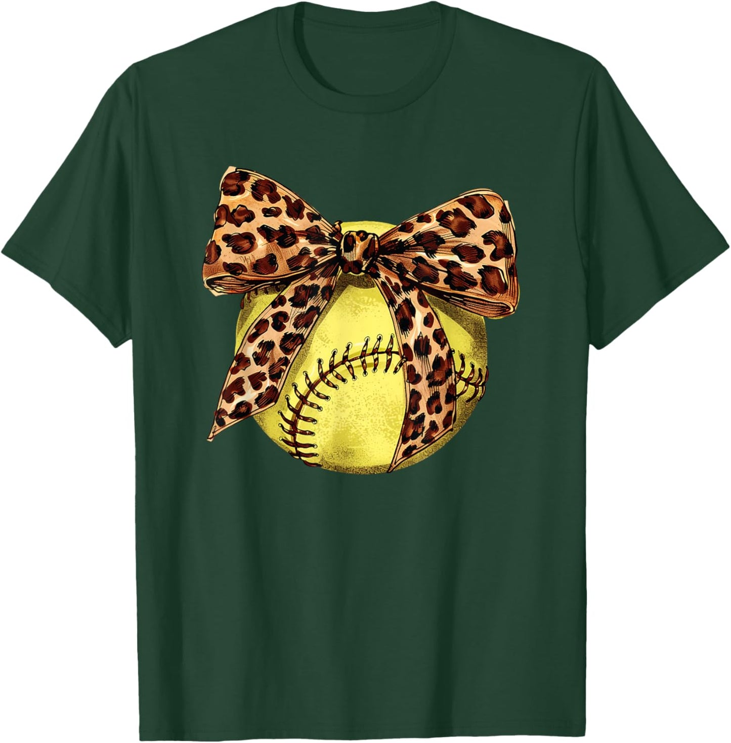 Girls Softball Leopard Animal Print Bow Ribbon Mom Daughter T-Shirt - T-Shirt | Forest