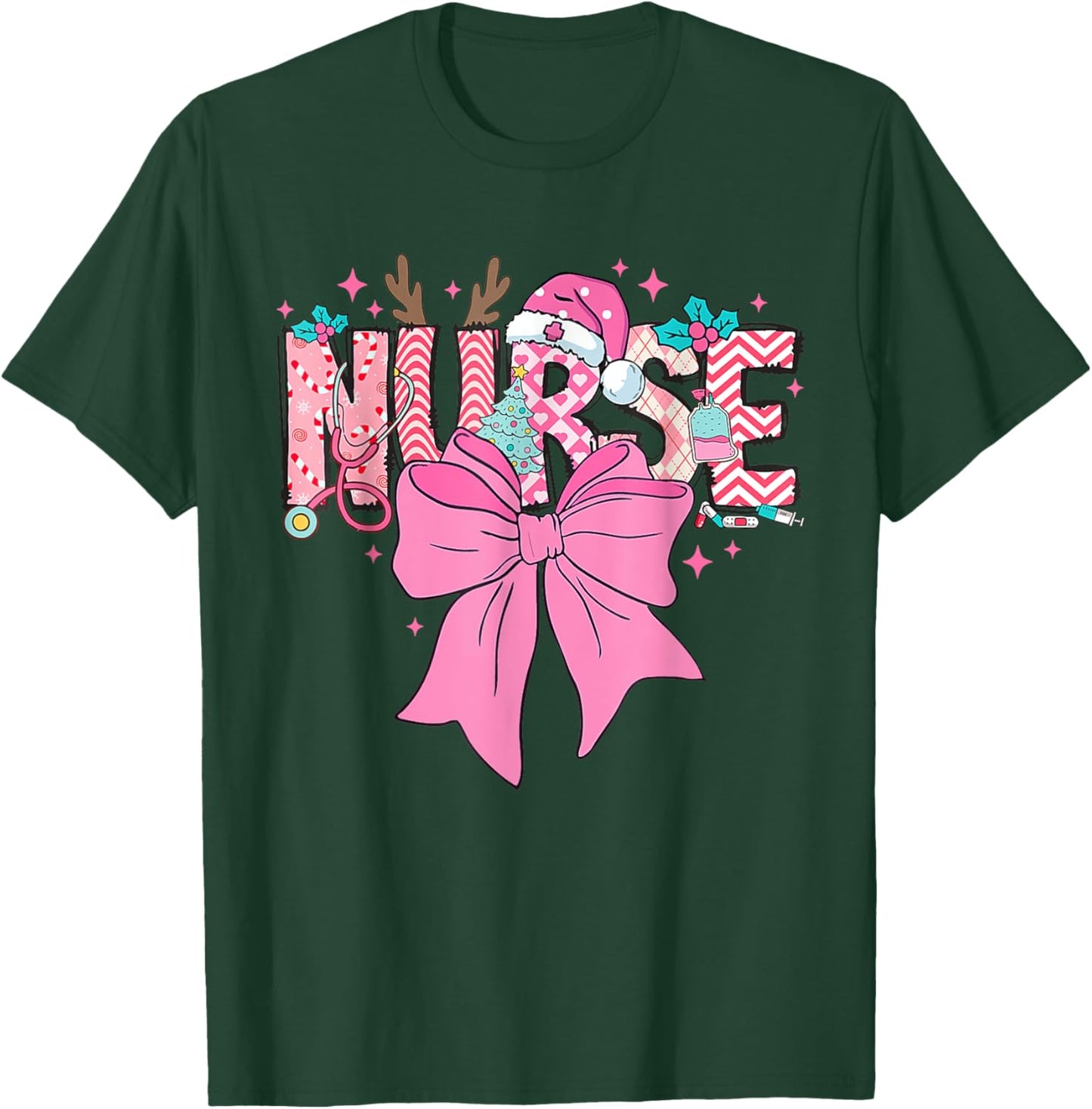 Coquette Nurse Christmas Nursing Pink Tone Bow Xmas Plaid T-Shirt - T-Shirt | Forest