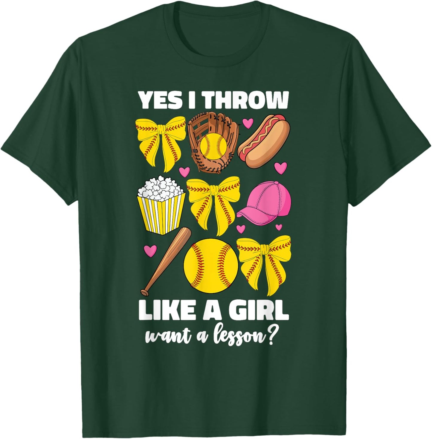 Yes I Throw Like A Girl Funny Softball Women Girls Kids Bow T-Shirt - T-Shirt | Forest