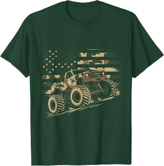 Monster Truck Camo USA Flag Patriotic July 4th Adventure T-Shirt - T-Shirt | Forest