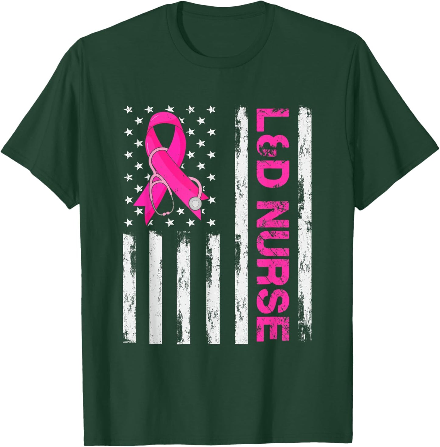 L&D Nurse American Flag Breast Cancer Awareness Pink Ribbon Women Men T-Shirt - T-Shirt | Forest
