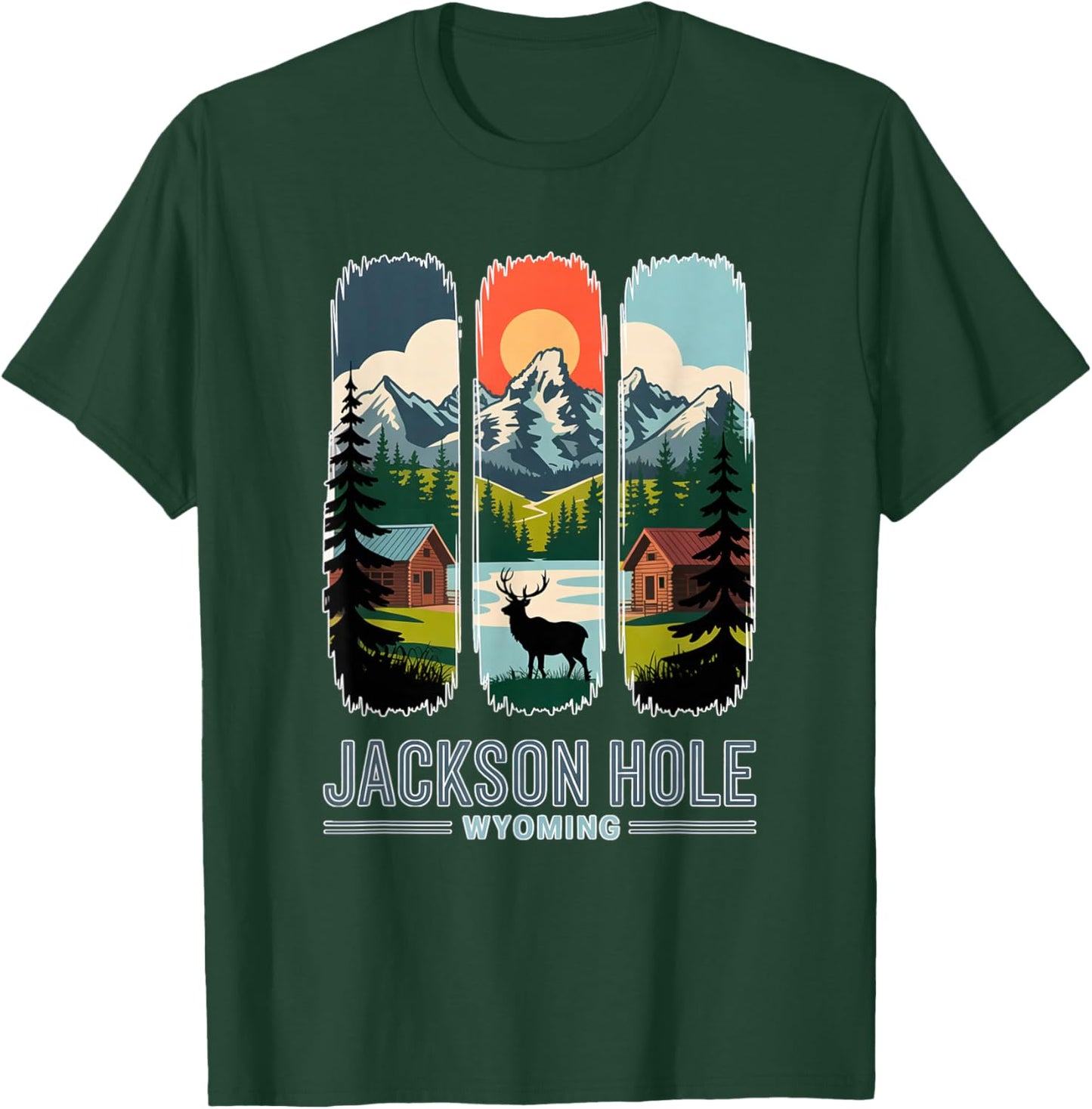 Jackson Hole Wyoming Elk Mountain Cabin Retro Travel Art T-Shirt - T-Shirt | Forest