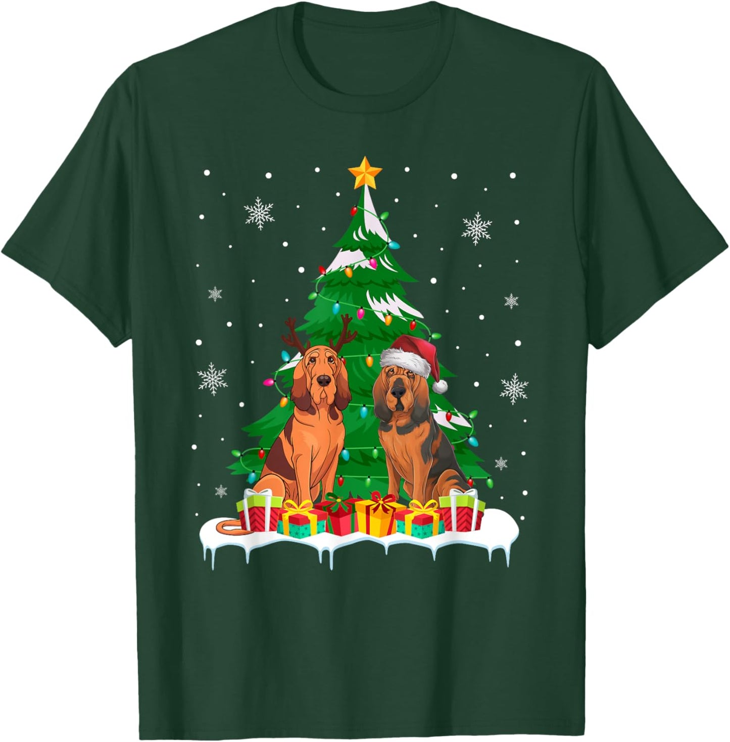 Bloodhound Dog Christmas Tree Lights Santa Reindeer Xmas PJs T-Shirt - T-Shirt | Forest