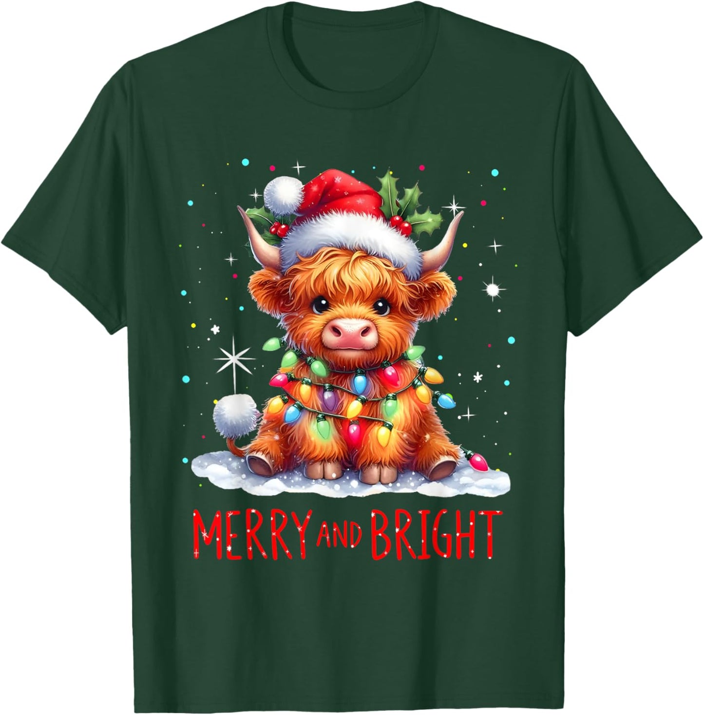 Cute Highland Baby Cow Christmas Lights Merry & Bright Xmas T-Shirt - T-Shirt | Forest