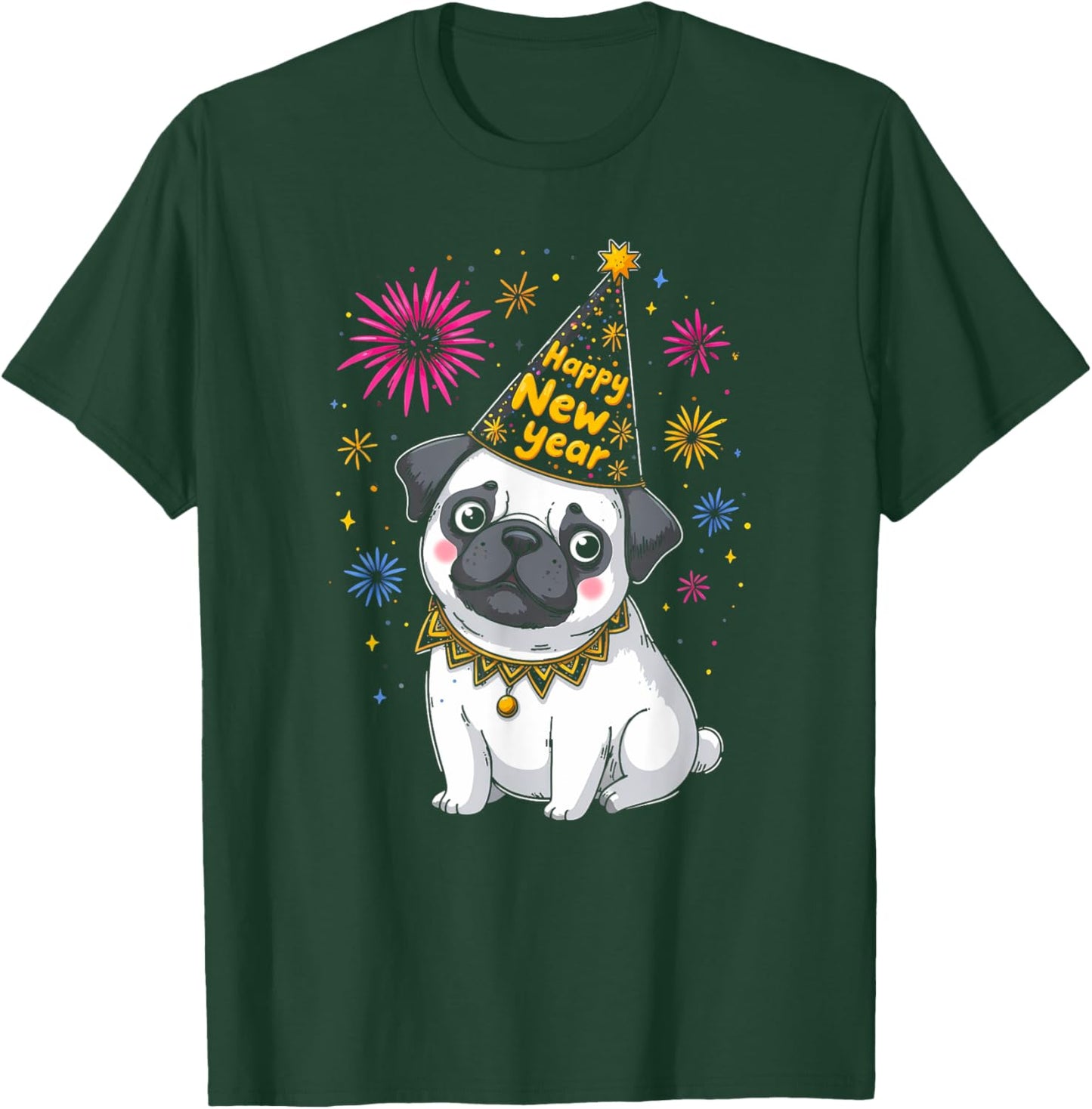 Happy New Year 2025 Eve Firework Dog Funny Pug Dog T-Shirt - T-Shirt | Forest