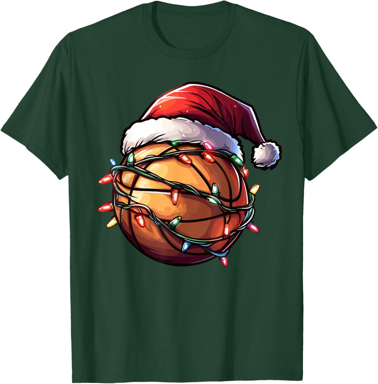 Basketball Christmas Lights Santa Hat Basketball Player Xmas T-Shirt - T-Shirt | Forest