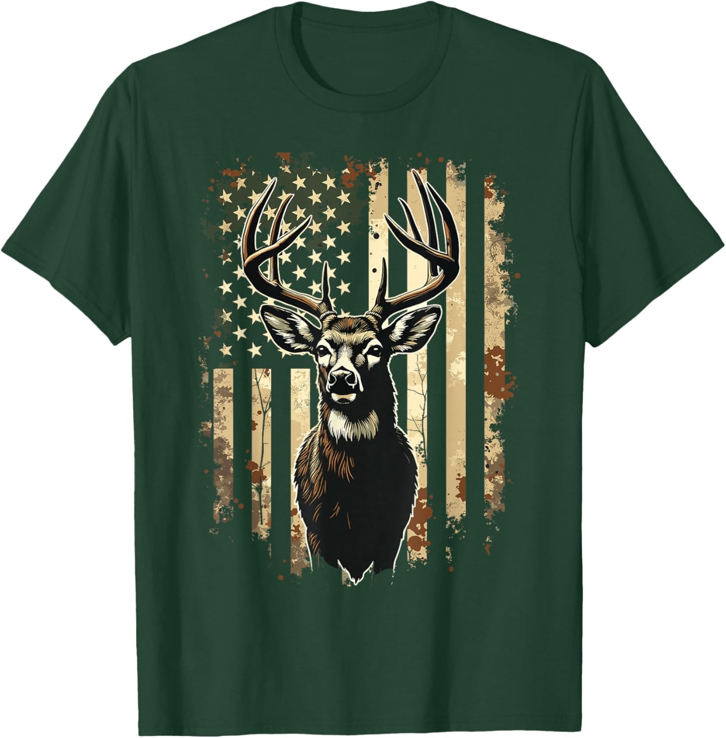 Deer Hunting American Flag Camo USA Hunter T-Shirt - T-Shirt | Forest