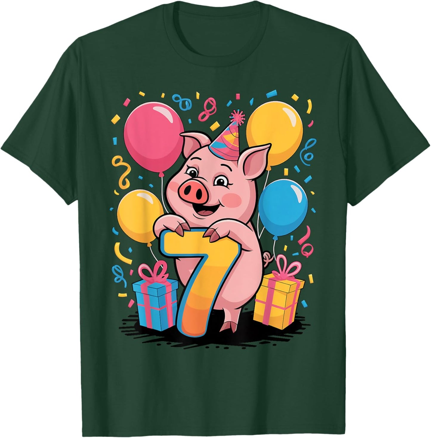 Pig 7th birthday for boy girl 7 years old seventh seven Pig T-Shirt - T-Shirt | Forest